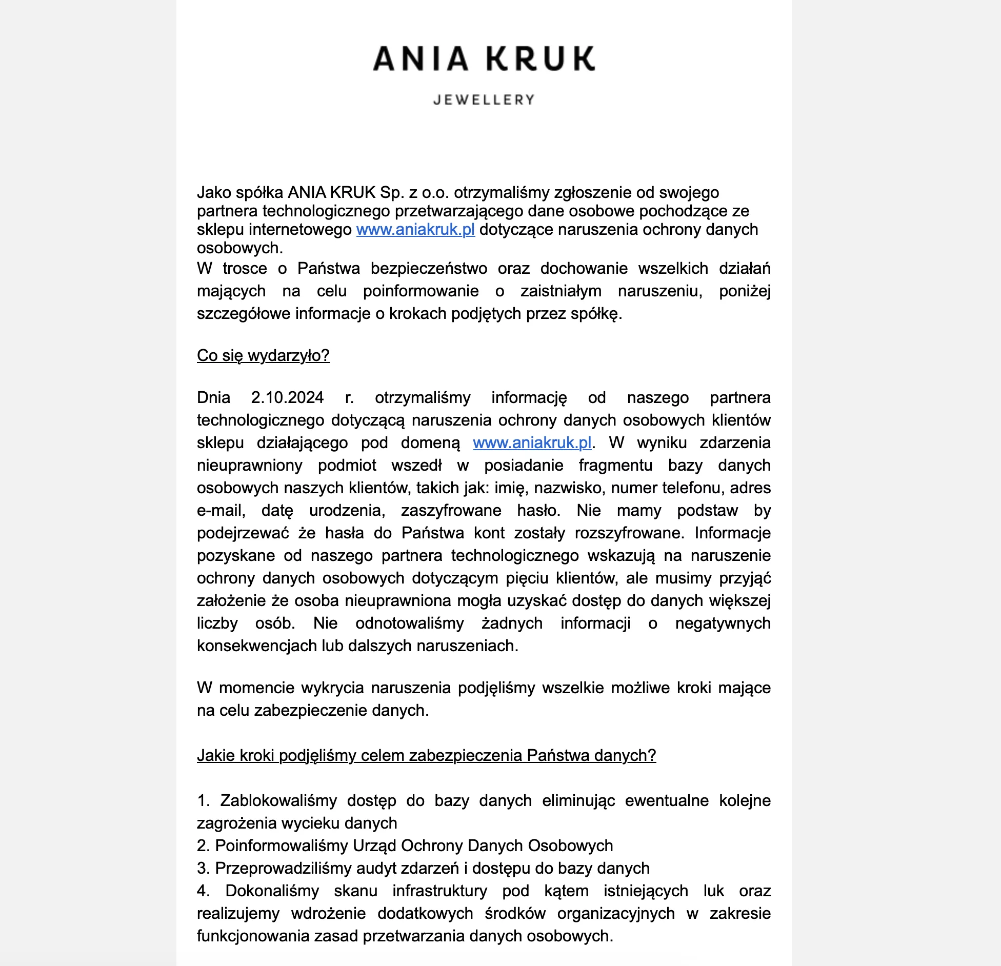 dane osobowe pochodzące ze sklepu internetowego Ania Kruk