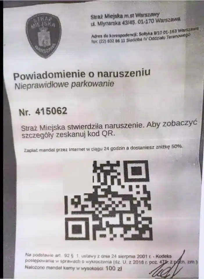 Mandat z kodem QR za wycieraczką