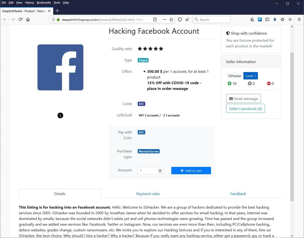 usługę hakowania kont na Facebooku