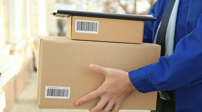 Courier with parcels on doorstep, closeup