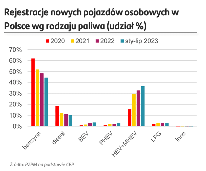 Rejestracje nowych pojazdo╠üw osobowych w Polsce wg rodzaju paliwa