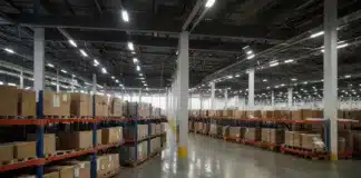 Logistics distribution center, retail warehouse with goods in boxes