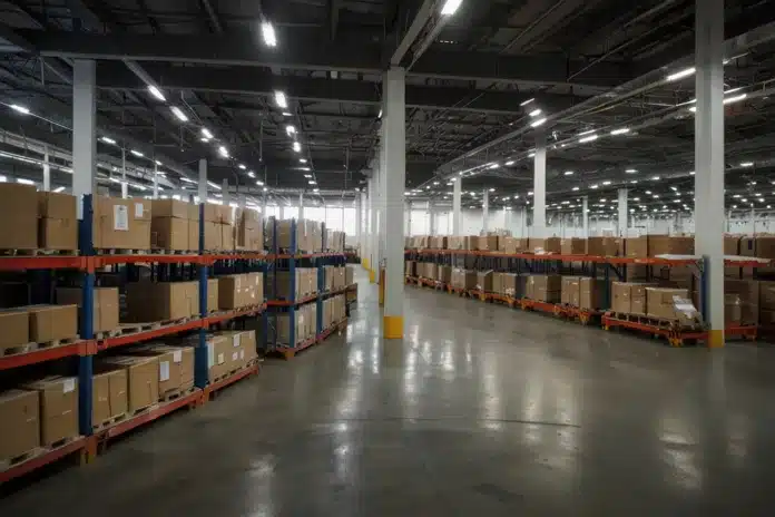 Logistics distribution center, retail warehouse with goods in boxes